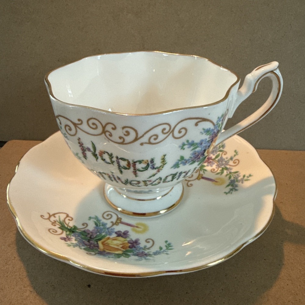 Vintage QUEEN ANNE (England) "Happy Anniversary" Bone China Footed Cup & Saucer